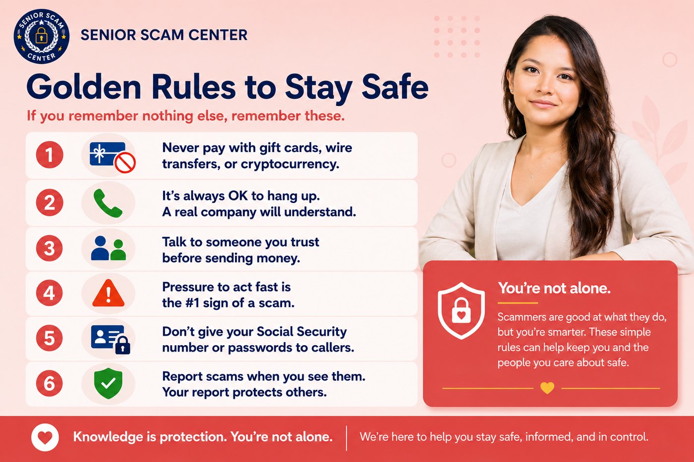 Golden Rules to Stay Safe: 1) Never pay with gift cards, wire transfers, or cryptocurrency. 2) It's always OK to hang up — a real company will understand. 3) Talk to someone you trust before sending money. 4) Pressure to act fast is the #1 sign of a scam. 5) Don't give your Social Security number or passwords to callers. 6) Report scams when you see them — your report protects others. You're not alone.