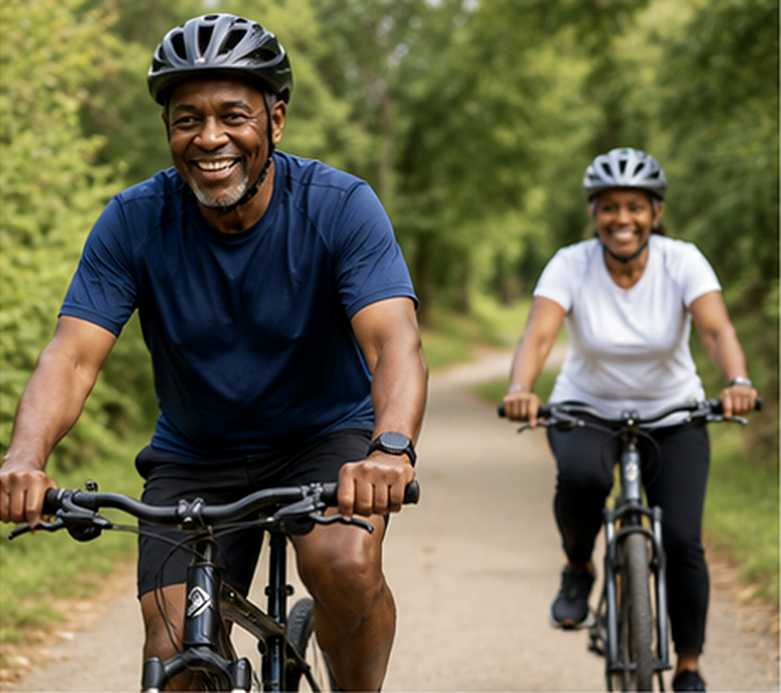 An older couple riding bikes together on a tree-lined path