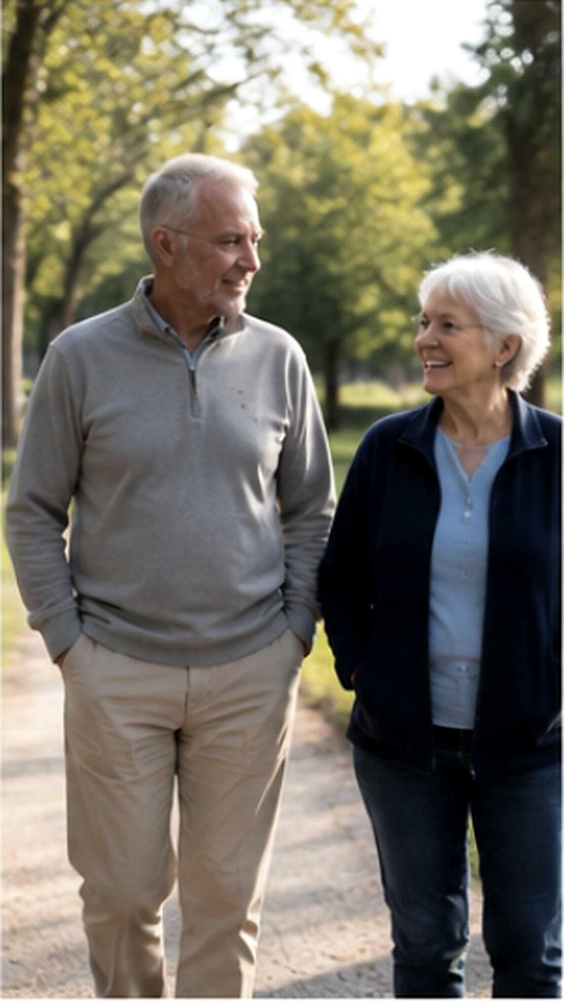 A senior couple walking side by side outdoors