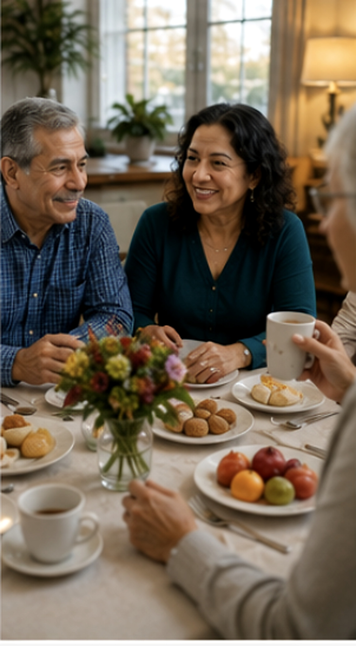 Seniors sharing coffee and a meal around a table